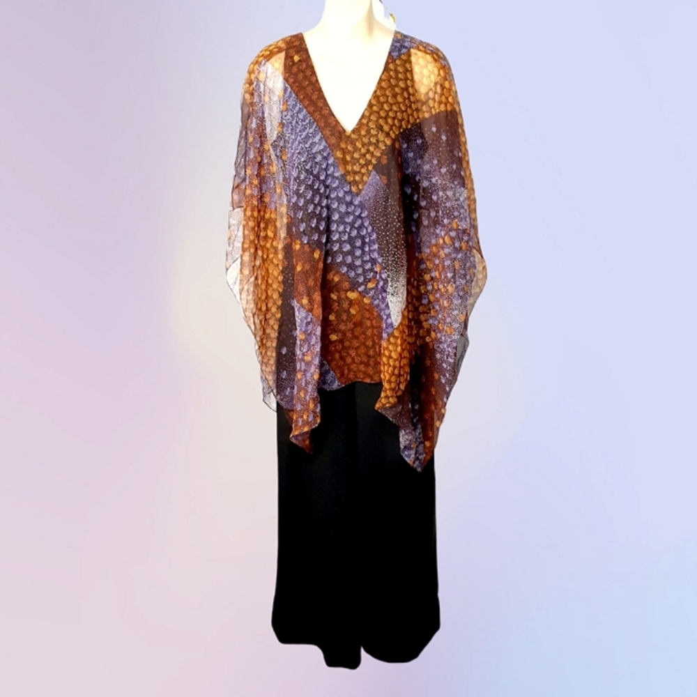 URSULA of SWITZERLAND Black Jumpsuit with Attached Floral Asymmetrical Cape